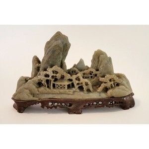 Chinese Carved Soapstone Mountain Village Figurine Vintage 6.25 x 3.5 x 1